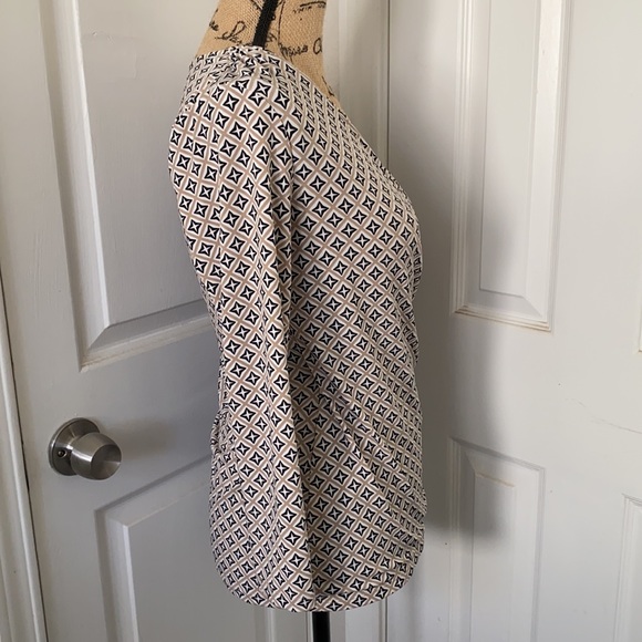 Tan/White/Black Patterned 3/4 Sleeve Faux-Wrap Top - Picture 4 of 4